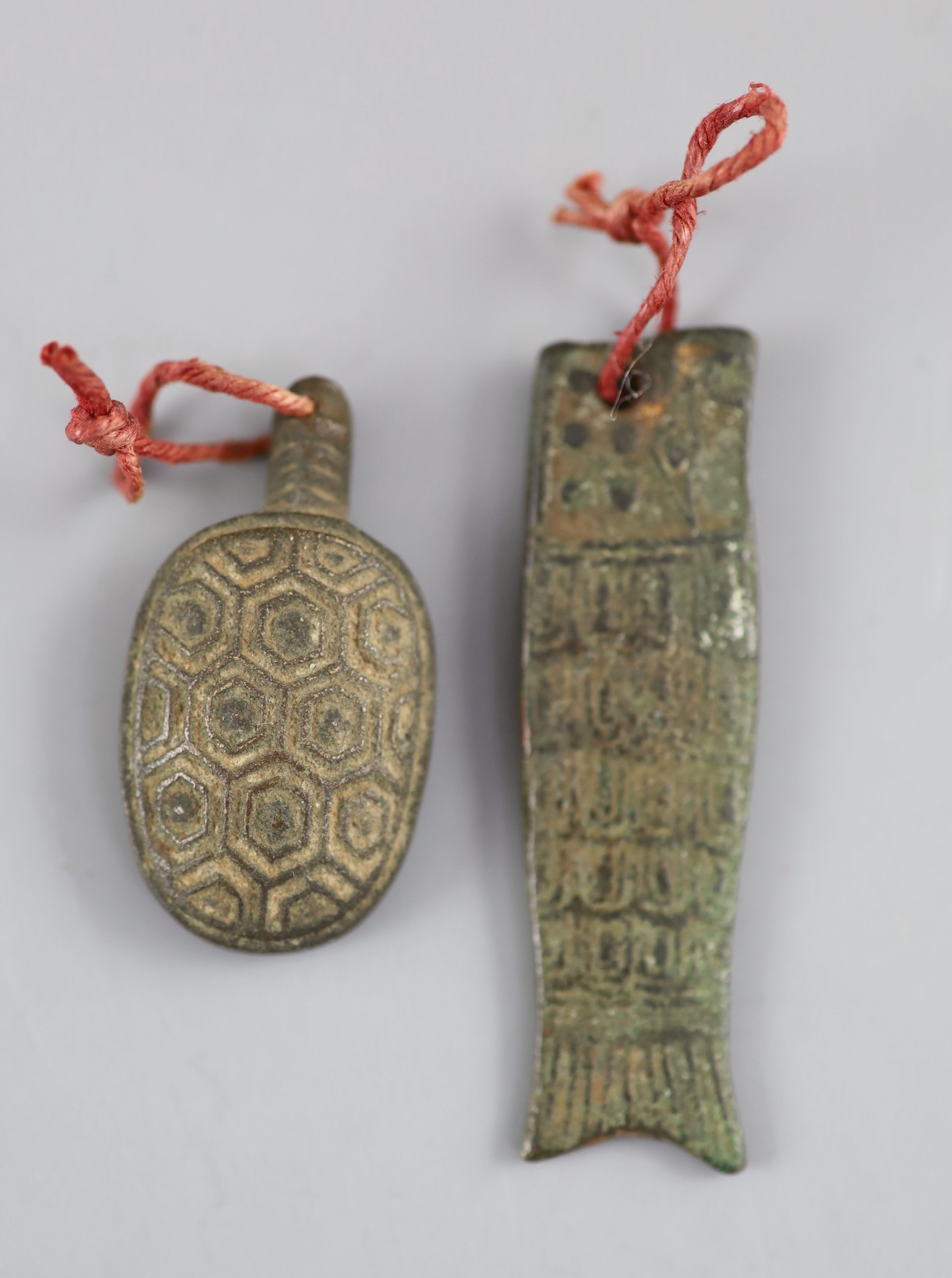 China, 2 archaistic bronze charms or amulets, Qing dynasty or earlier